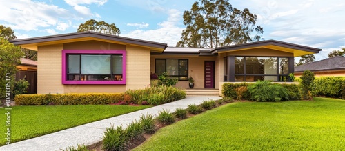 Sydney suburban residence in beige with magenta highlights and serene gardens. photo