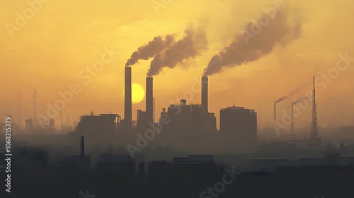 Industrial Silhouette at Sunset with Smoke Plumes