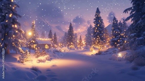 An enchanting winter landscape with ethereal lights twinkling among the trees, capturing the essence of a snowy Christmas night.