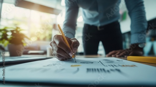 3D close-up of an executive jotting down innovative ideas on a notebook labeled goals and creativity, with a modern office in the background