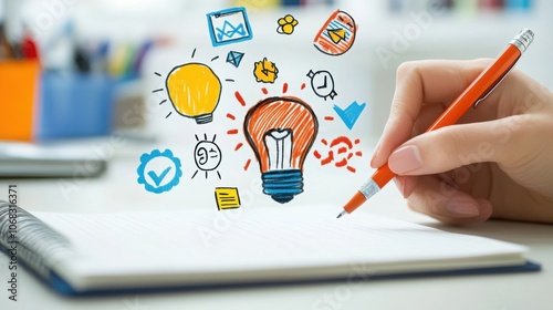 3D close-up of a businessperson jotting down creative goals on a notepad, with floating icons symbolizing creativity, ideas, and motivation in a bright office