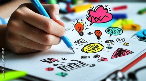 3D close-up of a businessperson jotting down creative goals on a notepad, with floating icons symbolizing creativity, ideas, and motivation in a bright office photo