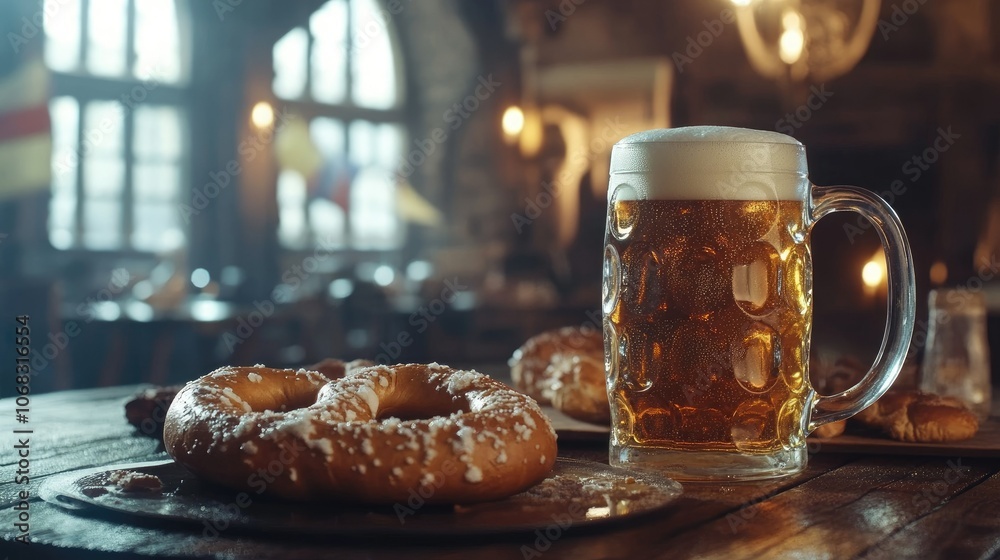 Fresh Beer and Pretzel on Rustic Table