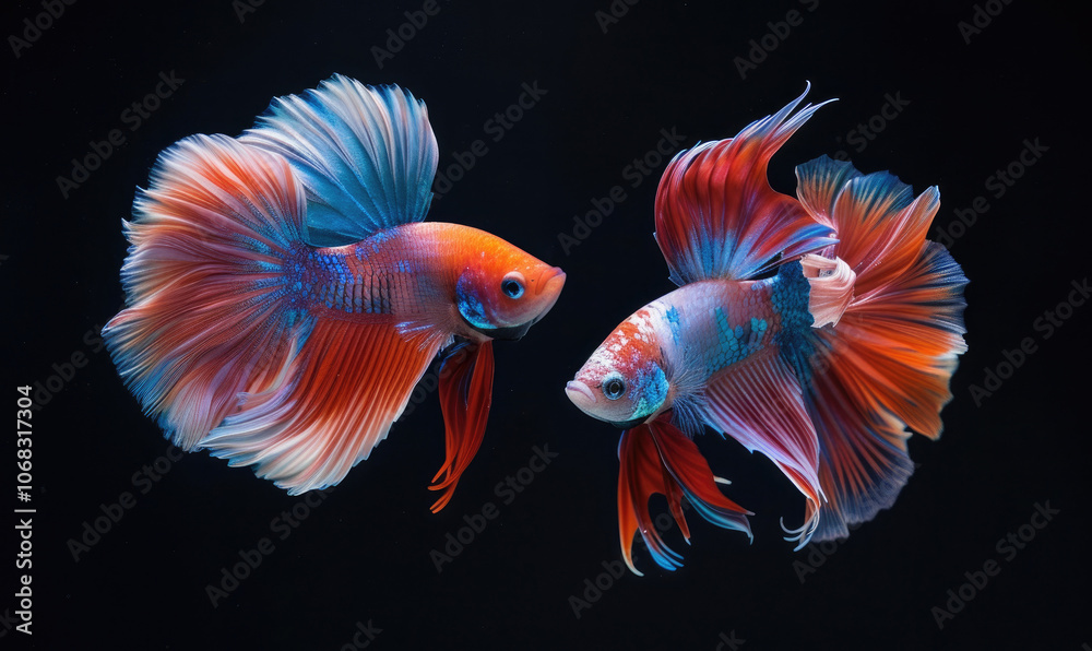 Beautiful movement of Fullmoon betta fish, Two Fancy Fullmoon Betta, The moving moment beautiful of Siamese Fighting fish, Betta splendens, Rhythmic of Betta fish isolated on black background Beautiful movement of Fullmoon betta fish, Two Fancy Fullmoon Betta, The moving moment beautiful of Siamese Fighting fish, Betta splendens, Rhythmic of Betta fish isolated on black background