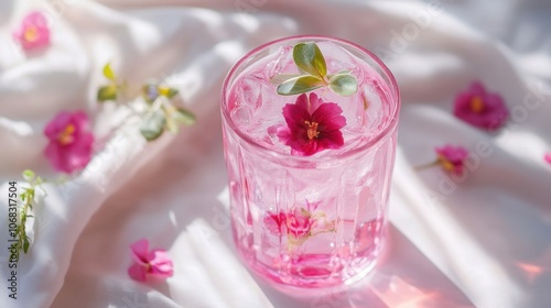 Cocktail glass filled pinkcolored drink on white background representing relaxation celebration photo