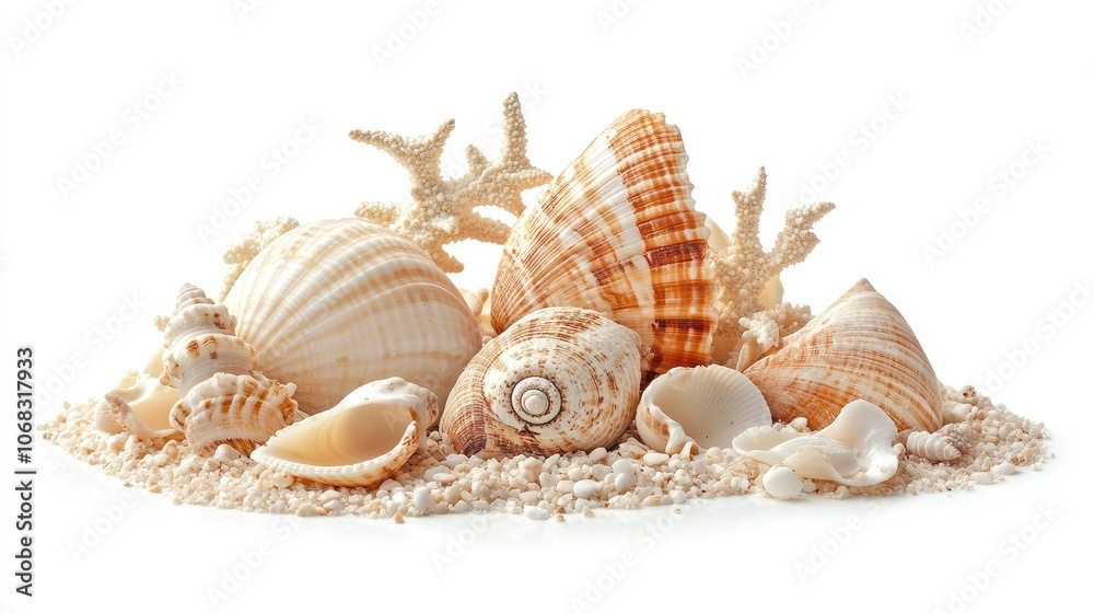 Obraz premium Assorted Shells and Coral on White Background