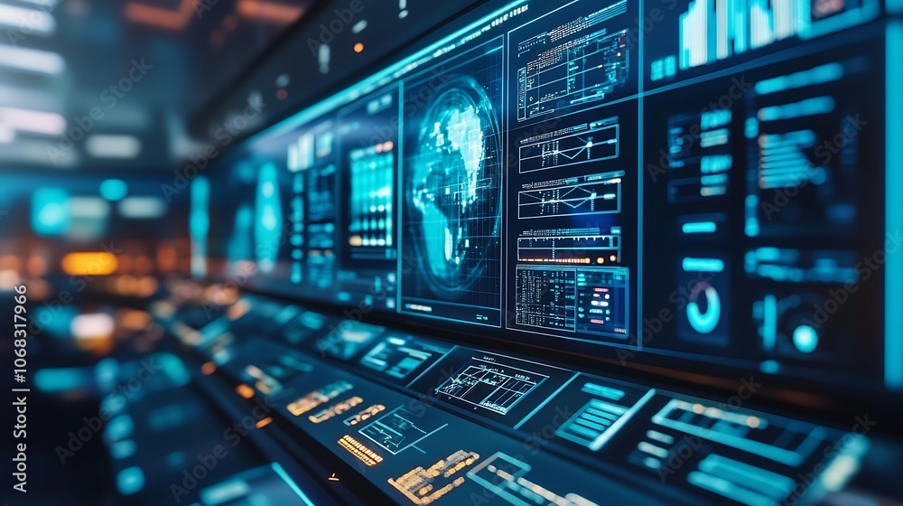 A futuristic control panel with a world map and various data displays. A futuristic control panel with a world map and various data displays.