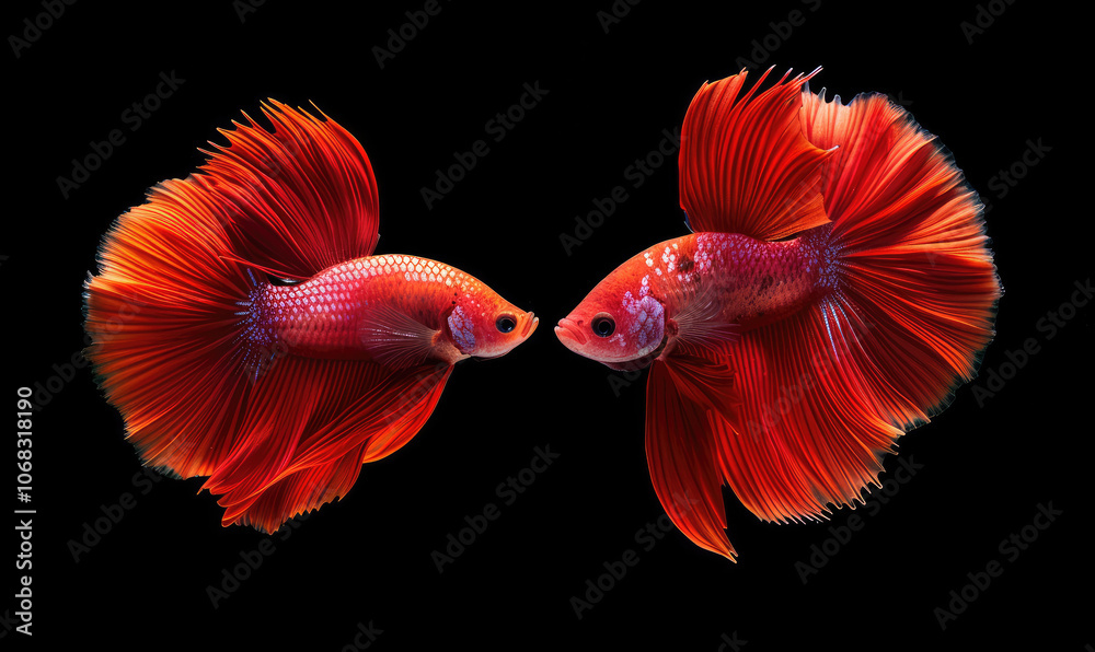 Beautiful movement of red betta fish, Two Fancy Halfmoon Betta, The moving moment beautiful of Siamese Fighting fish, Betta splendens, Rhythmic of Betta fish isolated on black background Beautiful movement of red betta fish, Two Fancy Halfmoon Betta, The moving moment beautiful of Siamese Fighting fish, Betta splendens, Rhythmic of Betta fish isolated on black background