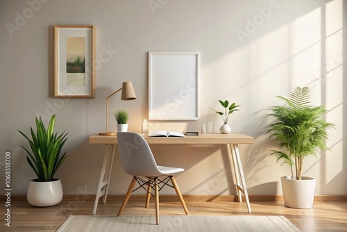 Surreal Minimalist Study Mockup Featuring a Modern Photo Frame on a Light-Colored Wall with Simple Workspace Decor for an Inspired and Tranquil Study Environment