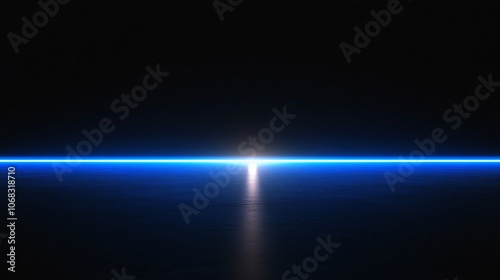 A single, thin, horizontal beam of white light shines through a dark blue sky. The light creates a soft, blurred glow on the horizon.