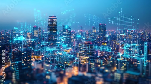 Wallpaper Mural Nighttime Cityscape with Digital Network Overlay Torontodigital.ca