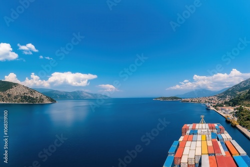 Loaded with sea containers cargo ship with seascape view. Cargo transportation. Vivid natural landscape with ship and copy space. photo