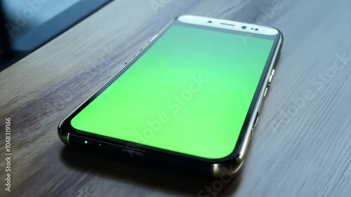mobile phone on a table with green screen. chromakey, mockup