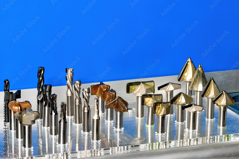 A vibrant display of cutting tools arranged beautifully against a striking blue backdrop. Copy space.