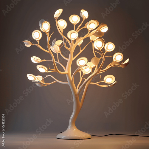 This captures the idea of the tree as a central element at night, appearing on different surfaces like a table and wall, in a straightforward way