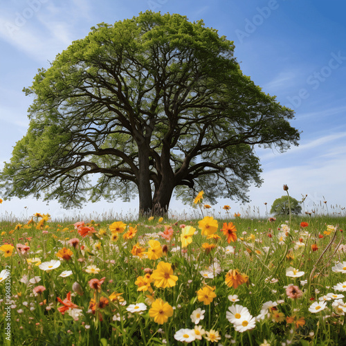 Beautiful tree in a blooming flower field with a clear sky and lush green grass, capturing the peaceful essence of nature in spring