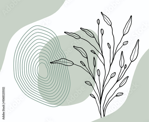 Abstract irregular modern colour block with line leaves in light green  with a white background 