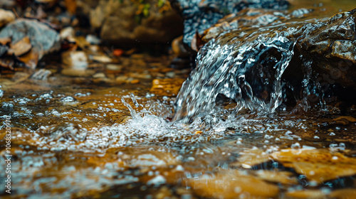 Close-up view of a small waterfall cascading over a rock into a shallow stream.