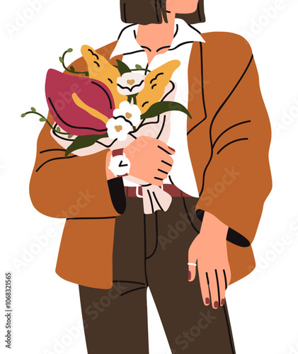 Woman holding modern flower bouquet. Faceless female character with beautiful...