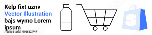 Shopping cart bottle and shopping bag with text Kelp fixt uznv Vector Illustration and bais wymo Lorem ipsum. Ideal for e-commerce online shopping marketing product packaging retail. Landing page