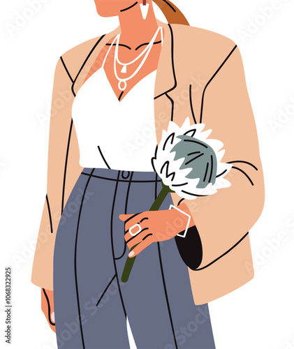 Elegant woman holding flower. Faceless attractive female character with sprin...