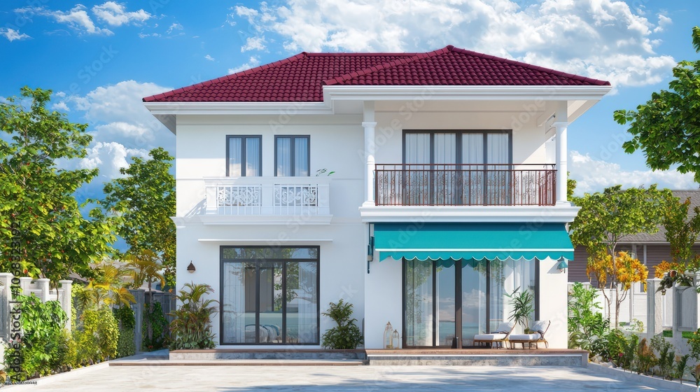 Coastal home with white walls, burgundy roof on sunny day. Coastal home with white walls, burgundy roof on sunny day.