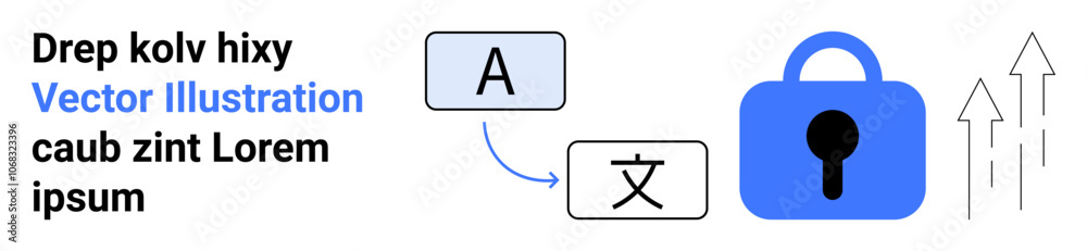 Large lock, text in different languages, arrows ascending, text box with English letter A and foreign script character. Ideal for localization, translation services, language learning, cyber Large lock, text in different languages, arrows ascending, text box with English letter A and foreign script character. Ideal for localization, translation services, language learning, cyber