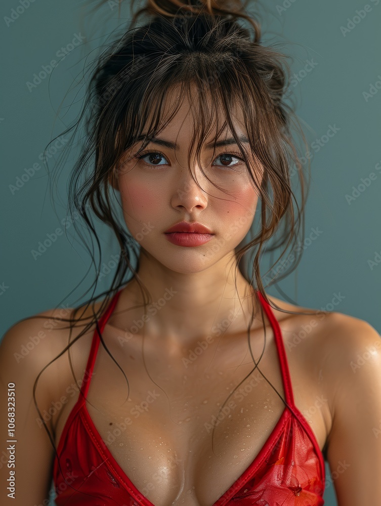 A senior Asian woman with shoulder-length hair poses in a bikini, exuding confidence and grace against a clean white background. A senior Asian woman with shoulder-length hair poses in a bikini, exuding confidence and grace against a clean white background.