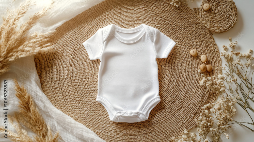 Baby onesie on rustic woven mat with neutral floral decor Baby onesie on rustic woven mat with neutral floral decor