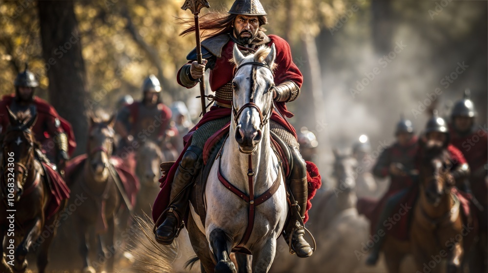 Medieval Warrior Leading Horsemen into Battle in Historic Forest Setting