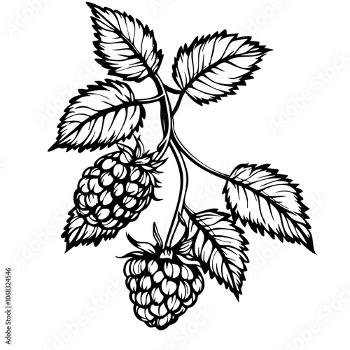 Raspberry berry with leaves line art