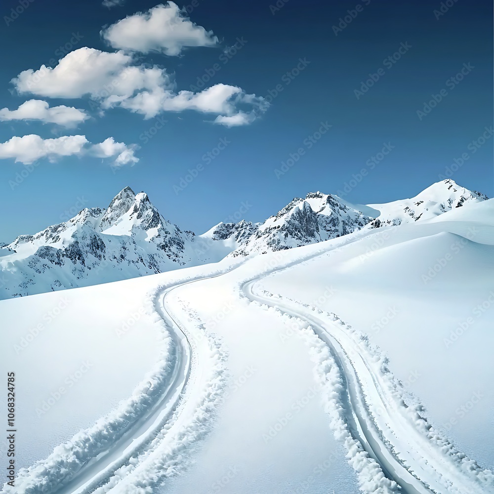 A snow covered mountain range with a snow covered road leading to the top A snow covered mountain range with a snow covered road leading to the top