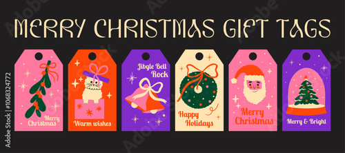 Merry Christmas vector gift tags design, cards, labels, sticker elements set for winter holidays. Collection of cute groovy funky cartoon illustration xmas tree, snow ball, wreath, mistletoe, present