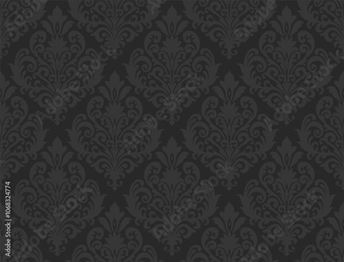 Dark damask pattern with subtle floral and swirling details on a black background. Damask seamless pattern.