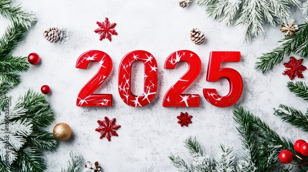 Red 2025 Numbers on White Background with Festive Christmas Spruce Branches and Red Decorations Red 2025 Numbers on White Background with Festive Christmas Spruce Branches and Red Decorations
