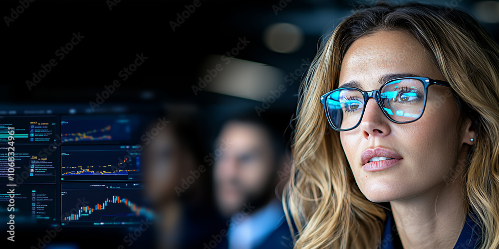 focused woman in modern office setting analyzing data on computer screen, showcasing leadership and confidence focused woman in modern office setting analyzing data on computer screen, showcasing leadership and confidence