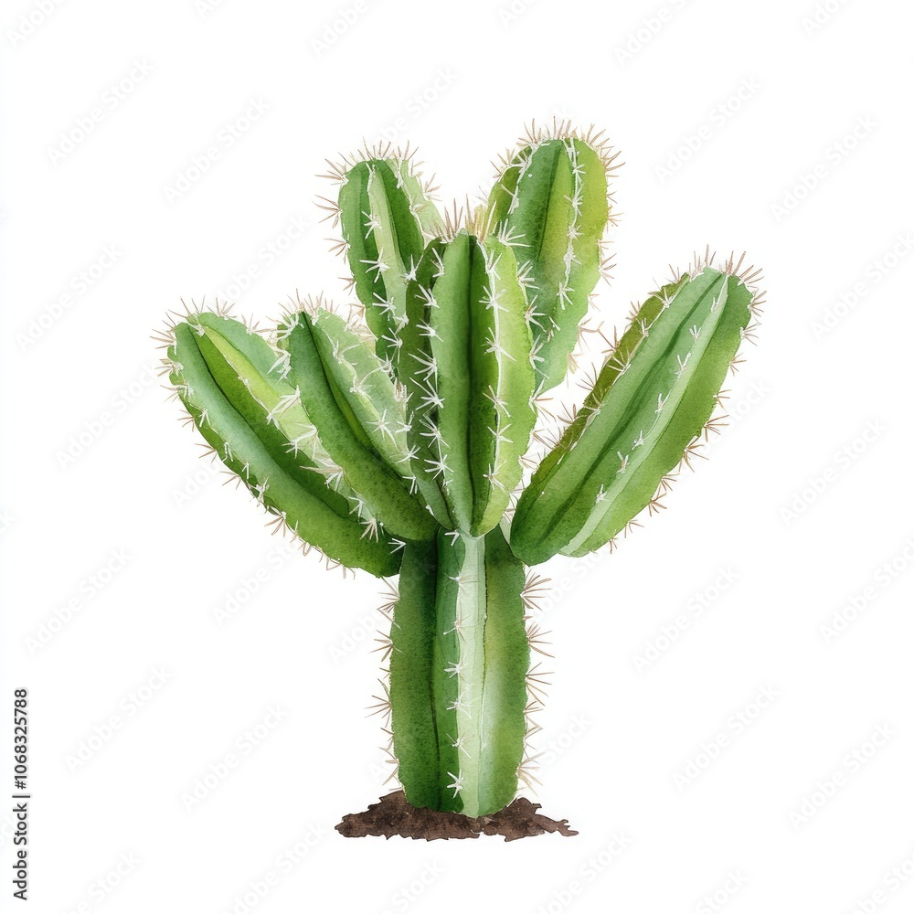 Green Cactus with Spines on White Background Green Cactus with Spines on White Background
