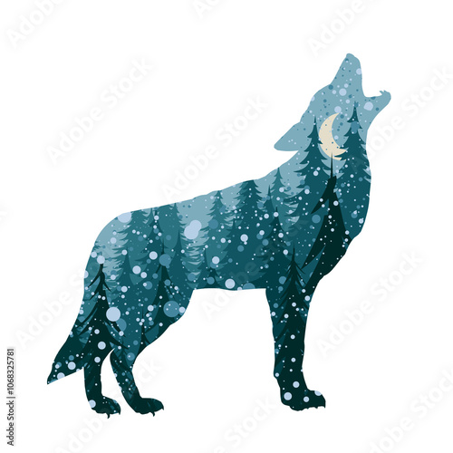 The silhouette of wolf with a winter forest.