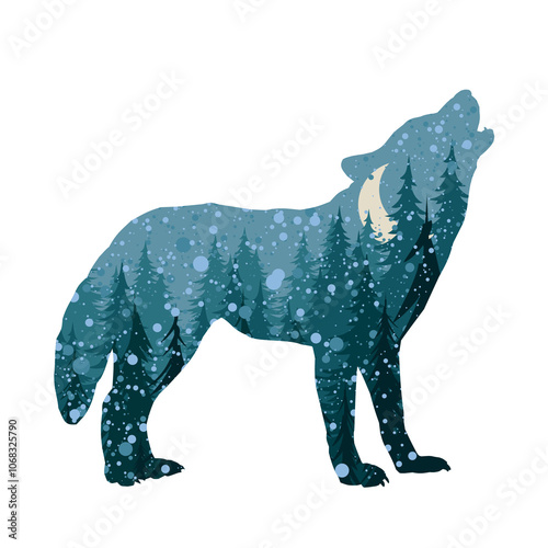 The silhouette of wolf with a winter forest.