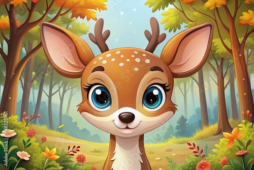 Cute Cartoon Deer Character: Adorable Woodland Animal for Kids' Design - Perfect for Illustrations, Prints, and Children's Books Featuring a Whimsical Forest Theme photo