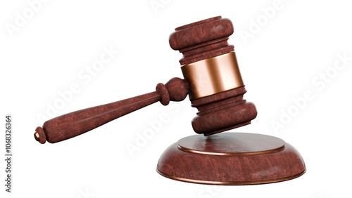 Detailed 3d render of a wooden judge or chairman or auction gavel or mallet with nice copper details. Isolated from background. Law and orter illustration
 photo