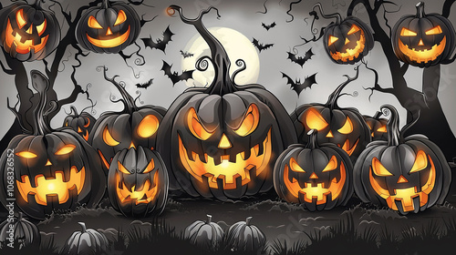 Glowing jack-o'-lanterns with spooky faces in a dark forest under a full moon with bats flying overhead.