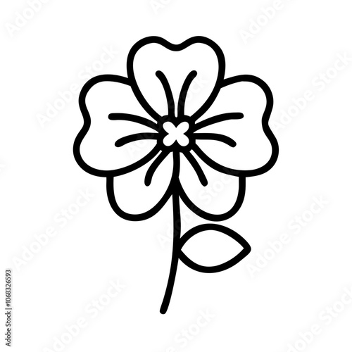 Simple black outline flower vector icon with four heart-shaped petals and a single leaf, ideal for spring, nature, or decorative design elements
