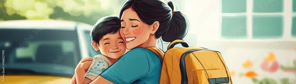 A mother greeting her children with a warm hug at school pickup, balancing work and family time seamlessly