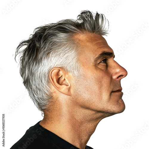 Side view portrait of mature man with gray hair on transparent background, isolated profile shot highlighting confidence, sophistication, and refined style