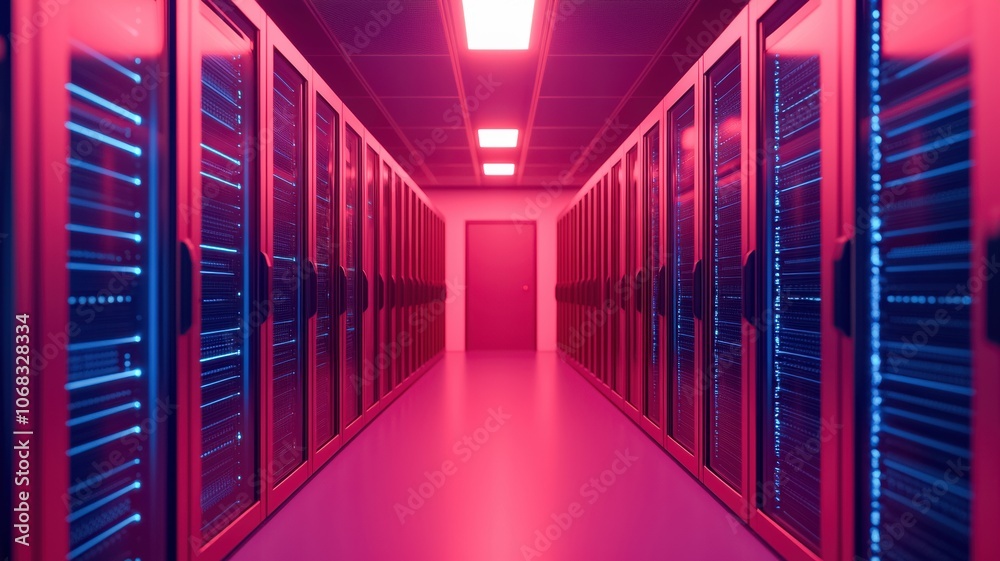 Fototapeta premium A futuristic data center corridor illuminated with vibrant pink and blue lights, lined with server racks on both sides leading to a central door.