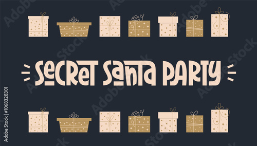 Secret Santa Party Phrase with Gift Boxes Border. Festive Christmas Hand Lettering. New Year Horizontal Banner.