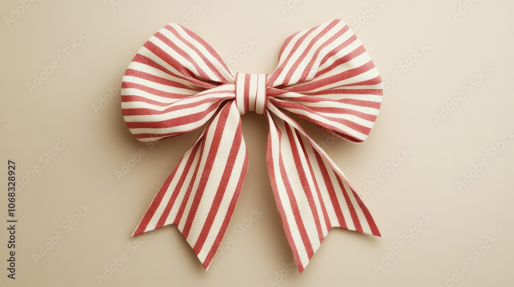 Red and white Christmas striped bow against a plain beige background, adding subtle holiday color. Red and white Christmas striped bow against a plain beige background, adding subtle holiday color.