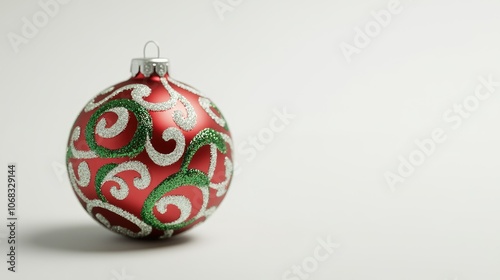 Single red and green Christmas ball ornament on a smooth white surface, showcasing the beauty of simplicity.