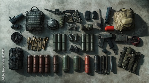 A flat lay of military gear and weapons on a concrete background. photo